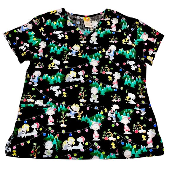 Womens PEANUTS Snoopy Charlie Brown Linus Lucy Scrub Top Large Christmas Winter - Picture 1 of 10
